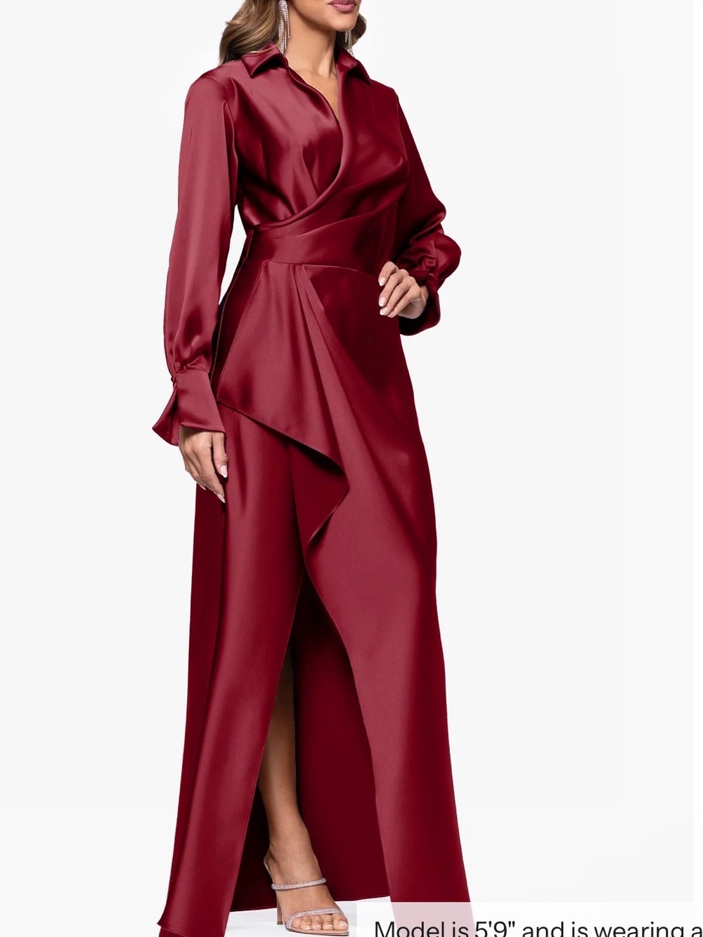 XSCAPE EMERY" SATIN LONG SLEEVE COLLARED DRESS Wrap Satin Shirt Sz 4 color wine - Picture 6 of 12